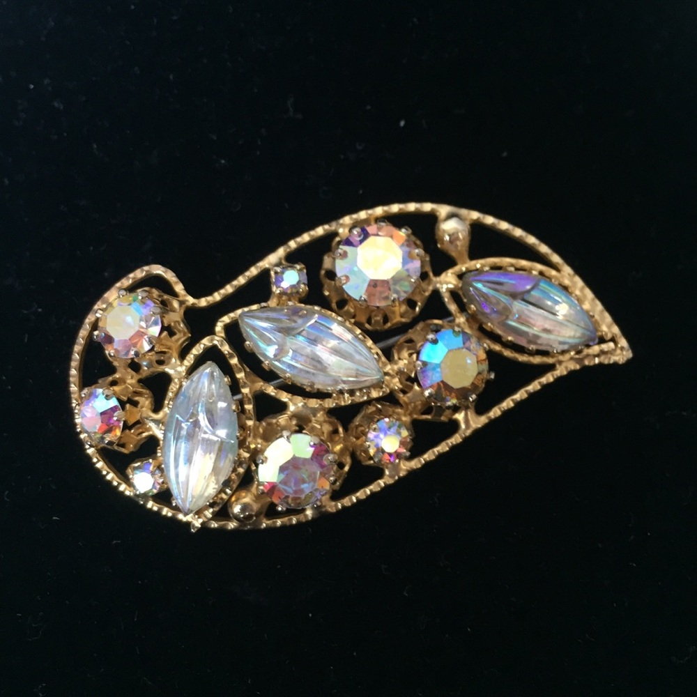 Vintage Austria Signed Navette Golden Brooch Pin